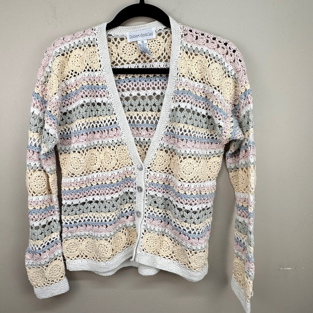 Vintage Robert Scott Ltd Womens Pastel Striped Crochet Linen Cotton Cardigan Med
